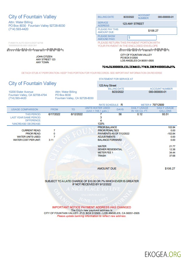 USA California City of Fountain Valley utility bill template in Word and PDF format